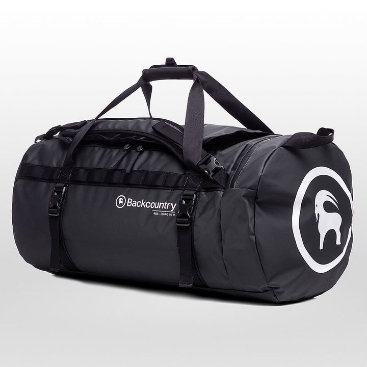 black duffel bag with white mountain goat logo on the side
