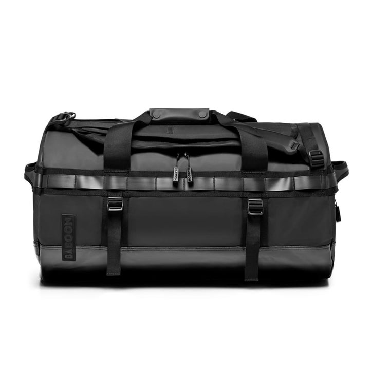 The duffel style go bag in black and grey