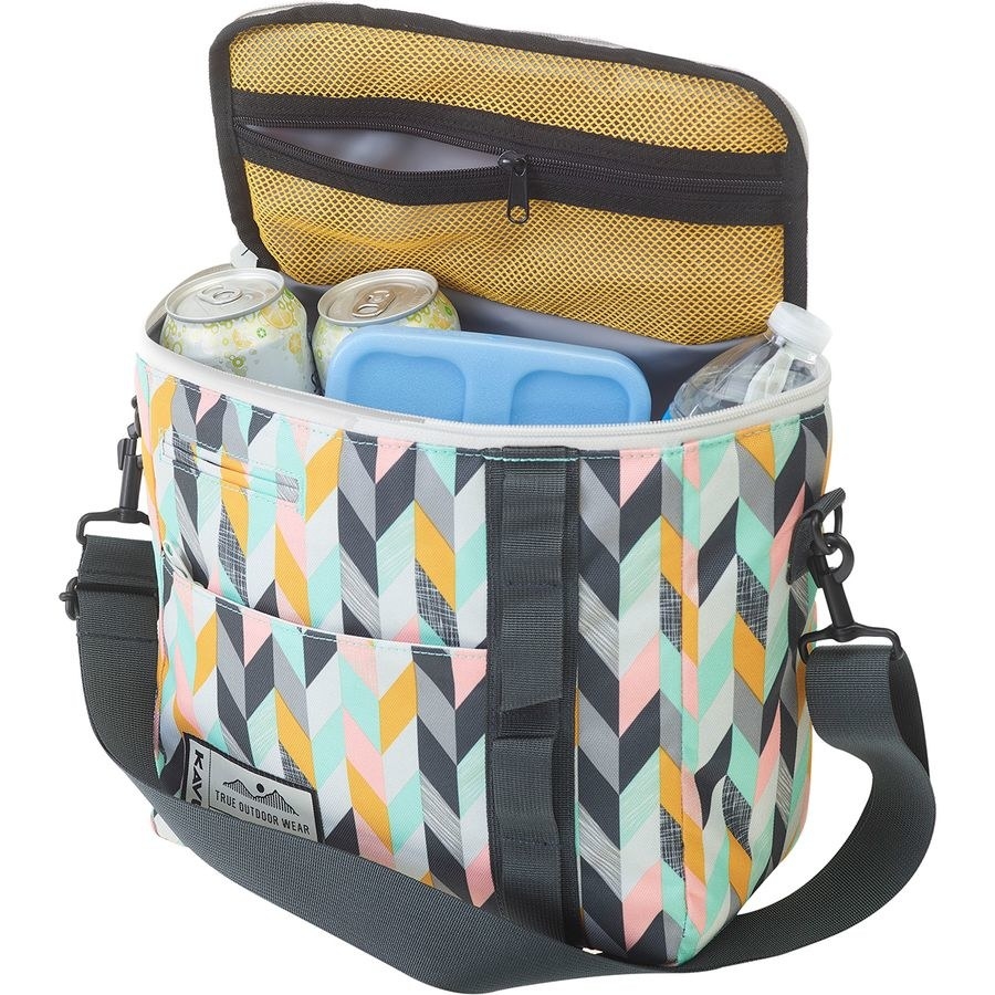 mustard yellow, black, light pink, and mint scattered chevron pattern rectangular cooler bag holing many drinks and an ice pack