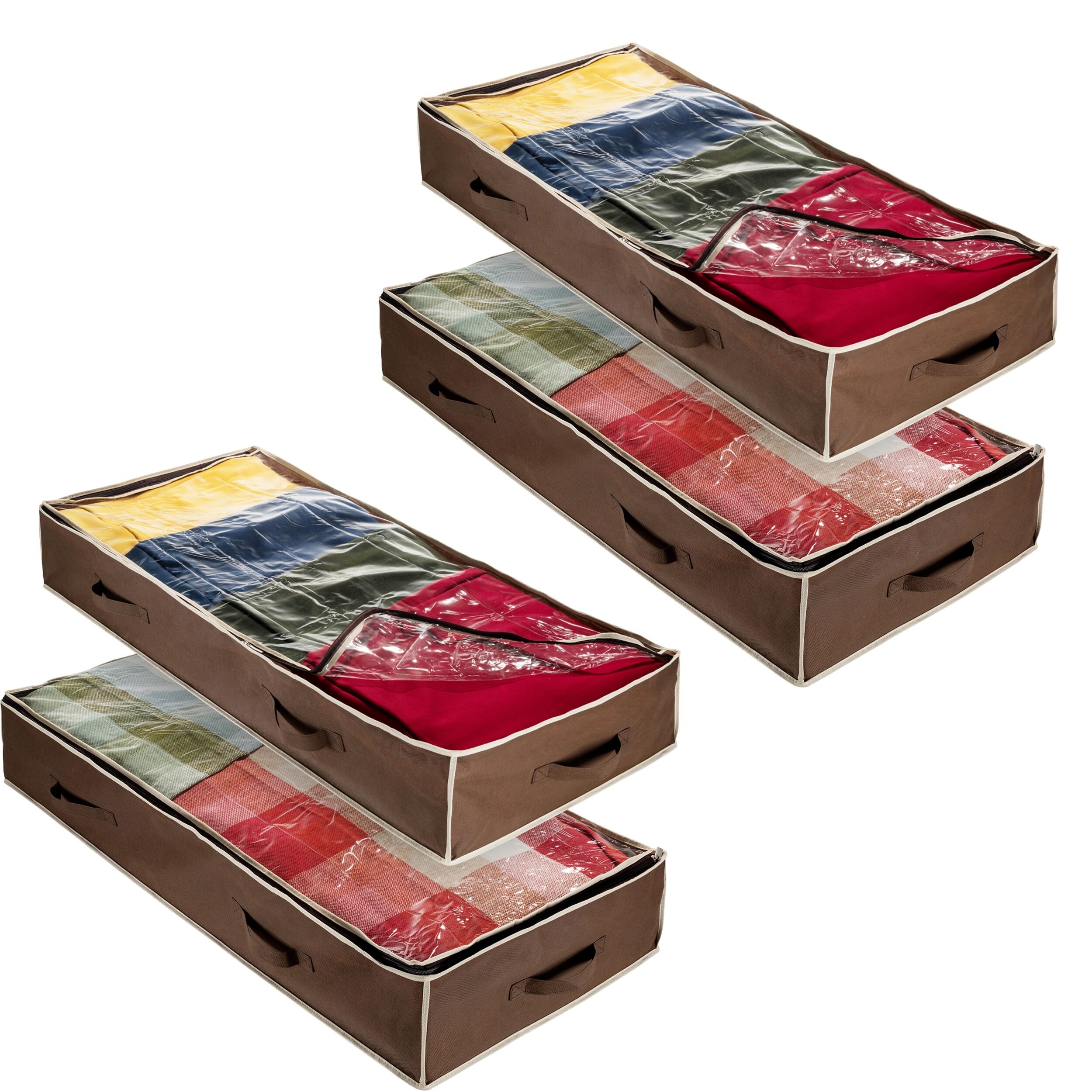 Four rectangular zippered storage bags with clear tops and brown edges and handles on all sides 