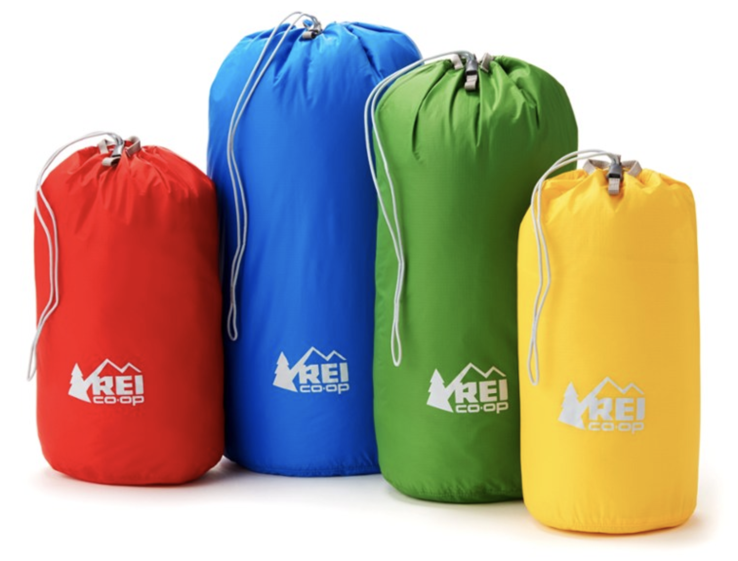 drawstring REI bags in four colors and sizes