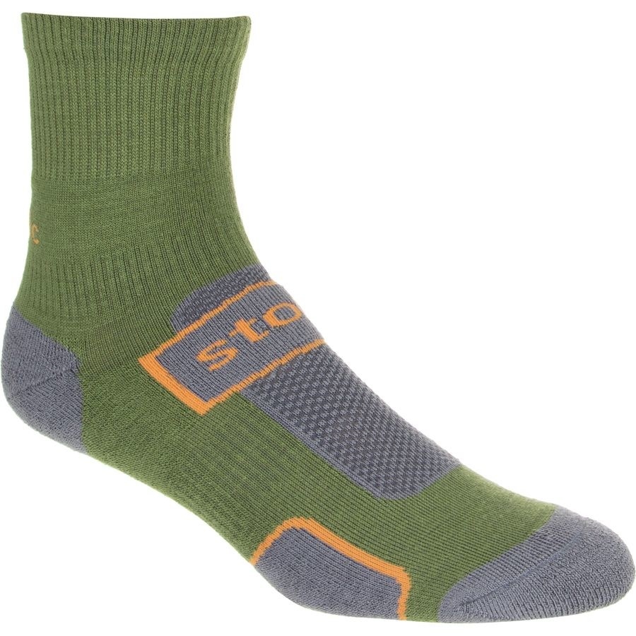 A pair of green and gray Stoic socks 