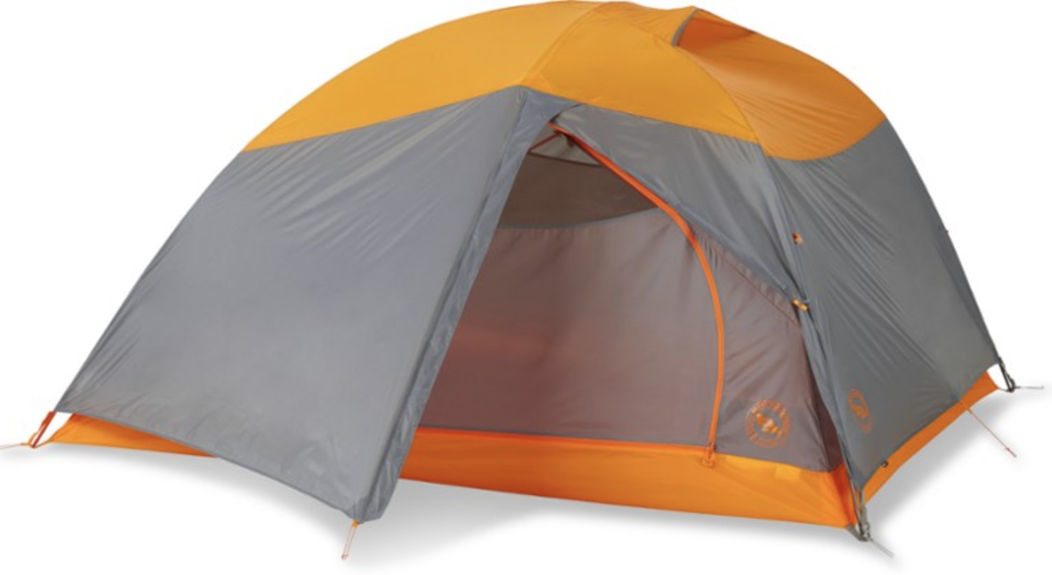 orange and grey tent with rain fly