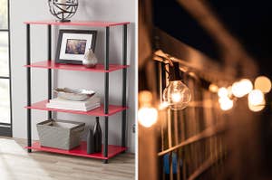 to the left: a red bookshelf, to the right: globe lights