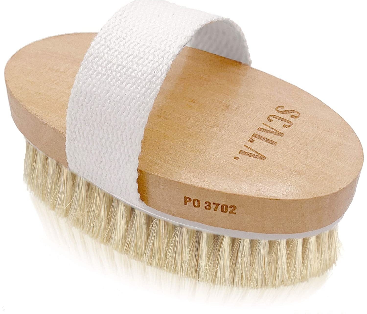 The wet and dry body brush with handle strap and straw-like bristles 