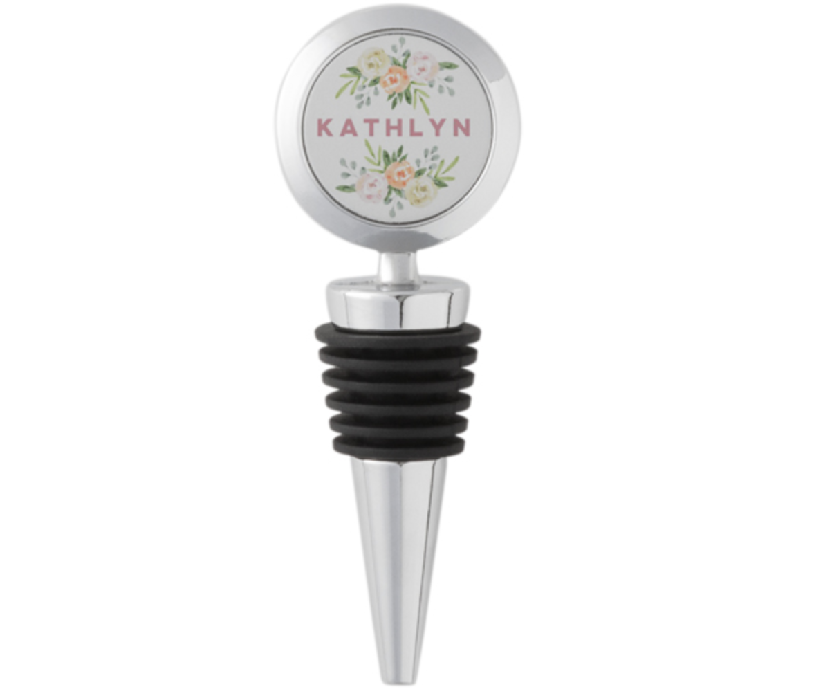 Wine stopper with a floral design and the name &quot;Kathlyn&quot;