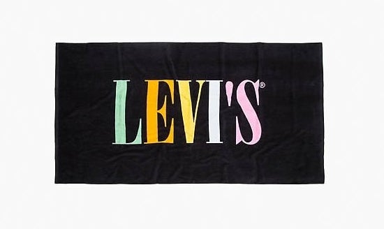 The towel says Levi&#x27;s in pastel multicolor letters 