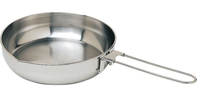 small metal frying pan with a foldable handle
