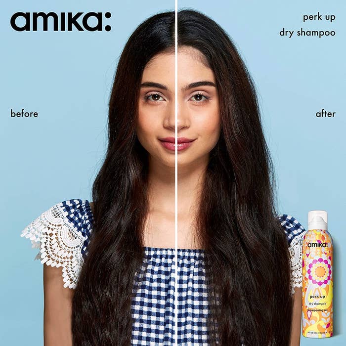 before and after photo of model before using dry shampoo (hair noticeably flatter and greasier) and after using dry shampoo (less grease and more volume)