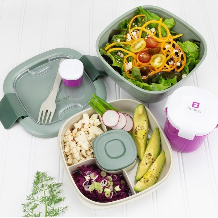 A flatlay of the disassembled food container to show it's compartments