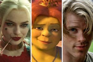 Side-by-side images of Margot Robbie as Harley Quinn, Princess Fiona from Shrek, and Westley from The Princess Bride