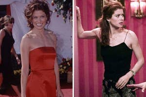Debra Messing on a red carpet in the '90s / Debra Messing as Grace in episode of "Will & Grace"