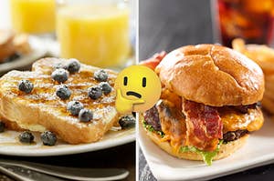On the left, French toast covered with syrup and blueberries, and on the right, a bacon cheeseburger with a thinking emoji in between the two images