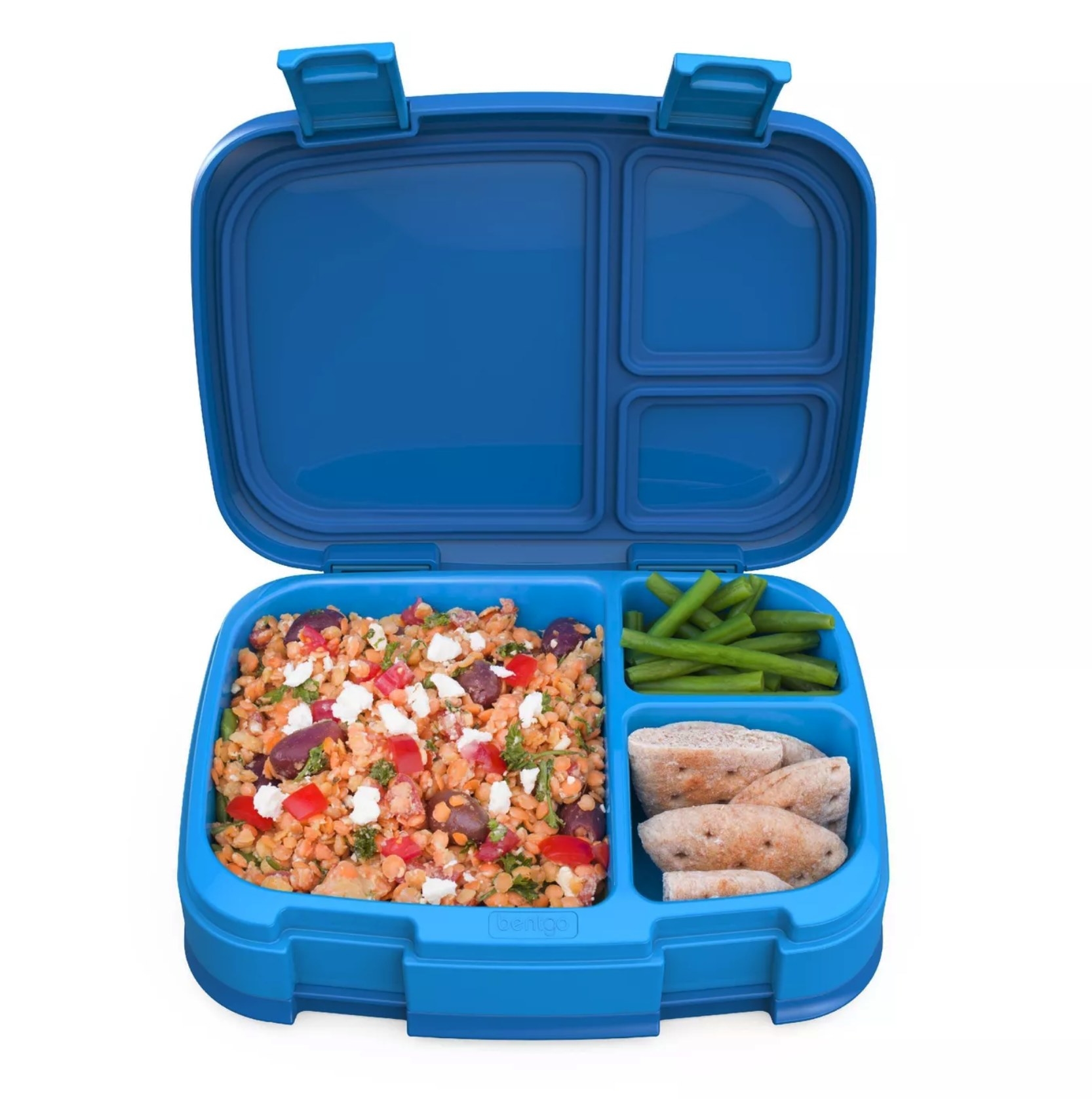 A blue lunchbox with three compartments holding a lentil salad, pita bread, and green beans.