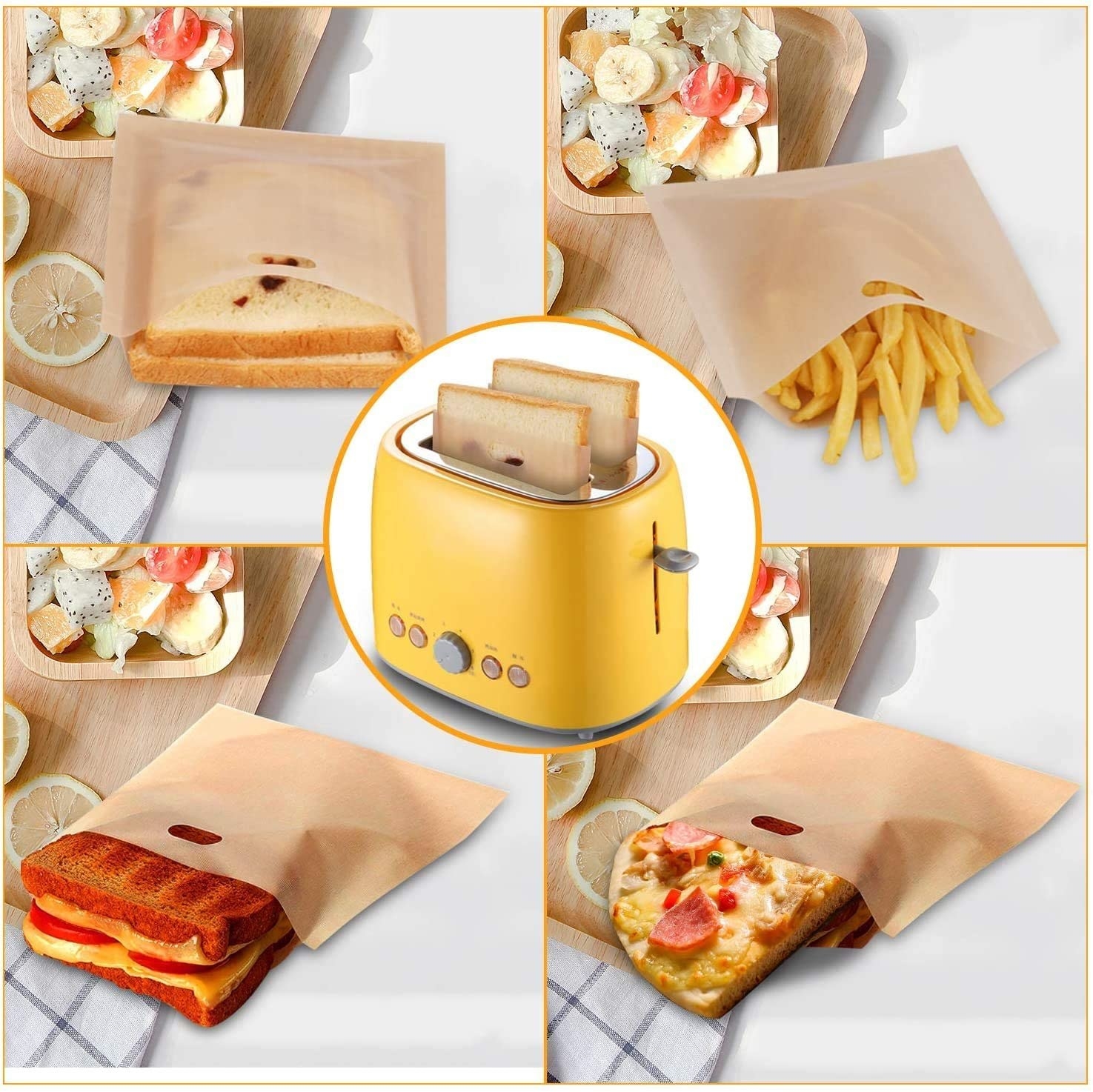 The toaster bags can be used to make grilled cheese, heat up fries, and re-heat pizza in the toaster