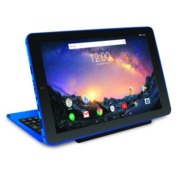 tablet in a blue keyboard case