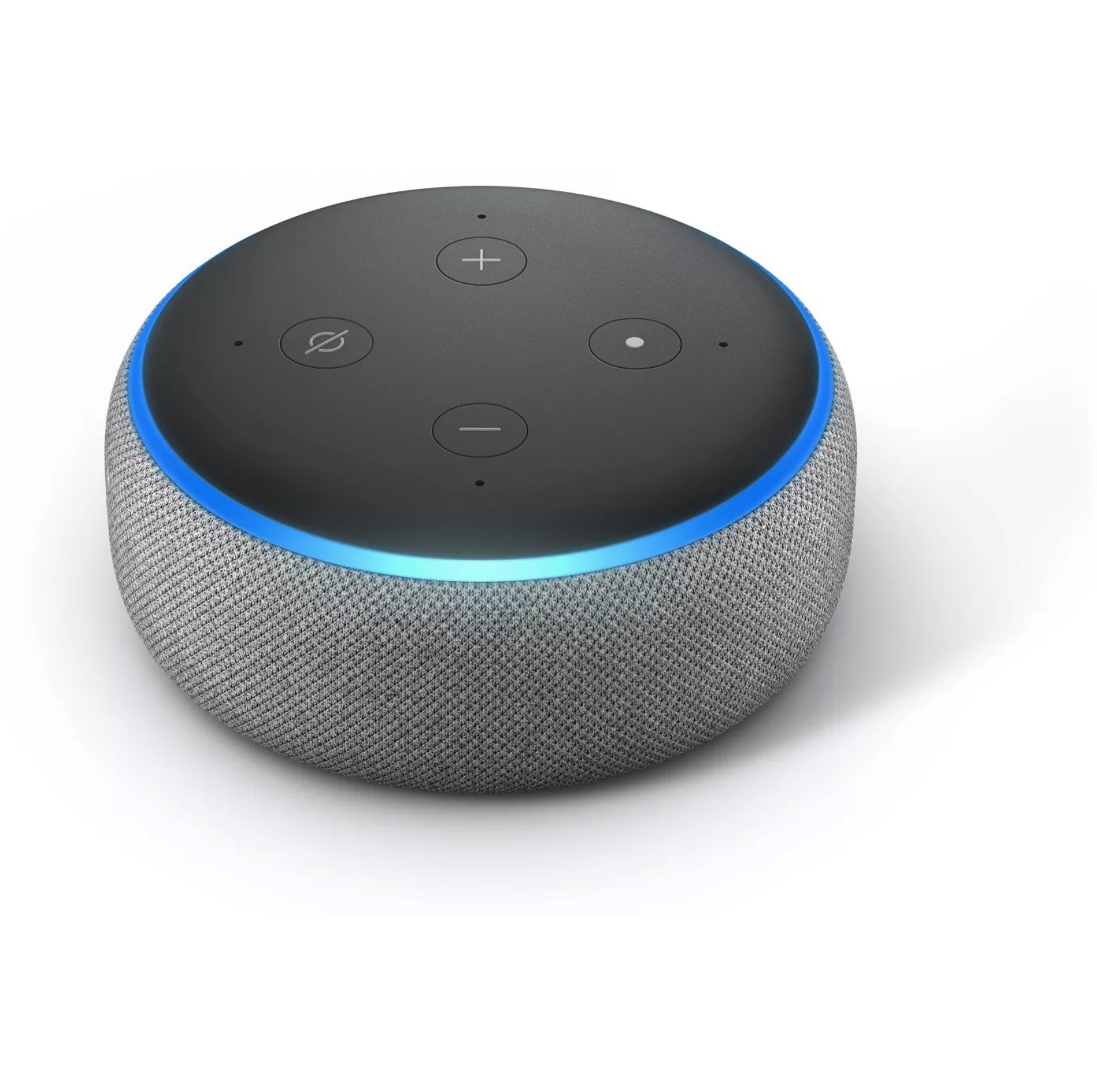 A short smart speaker with volume buttons, an action button, and a blue light ring.