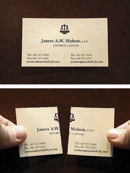 A divorce lawyer business card that tears into two parts 