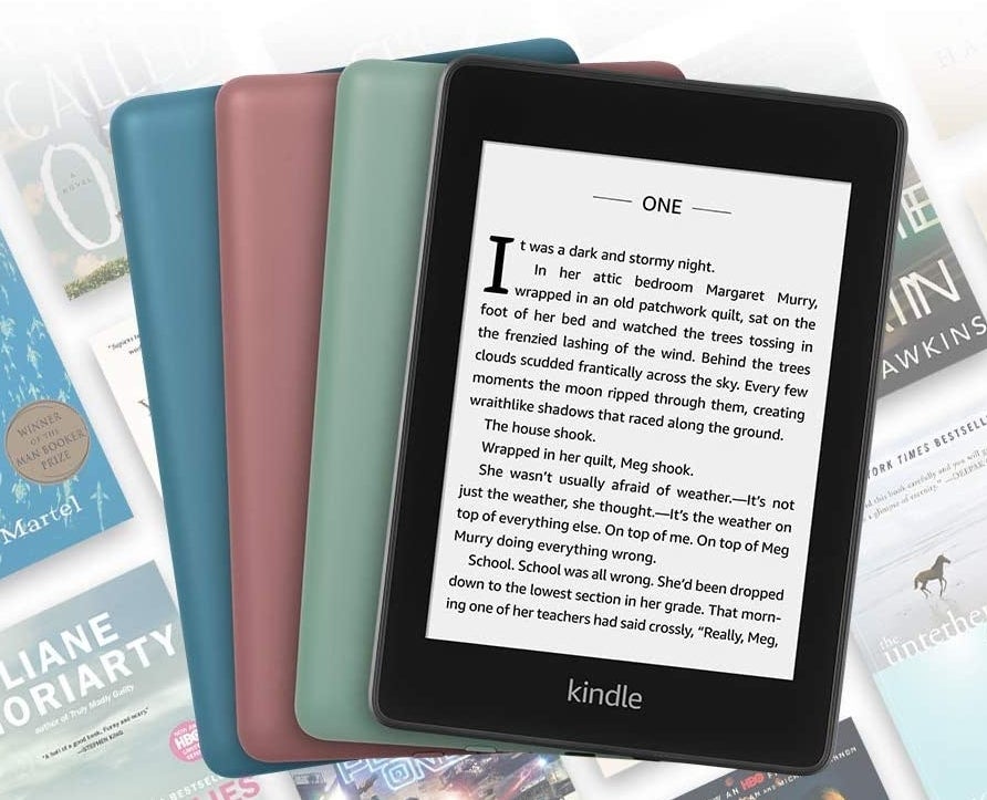 the Kindle in black, green, pink, and blue