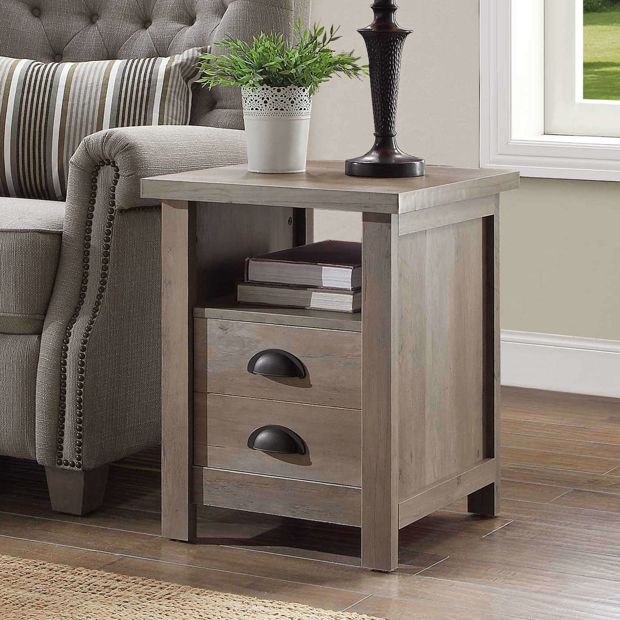 gray end table with two drawers 