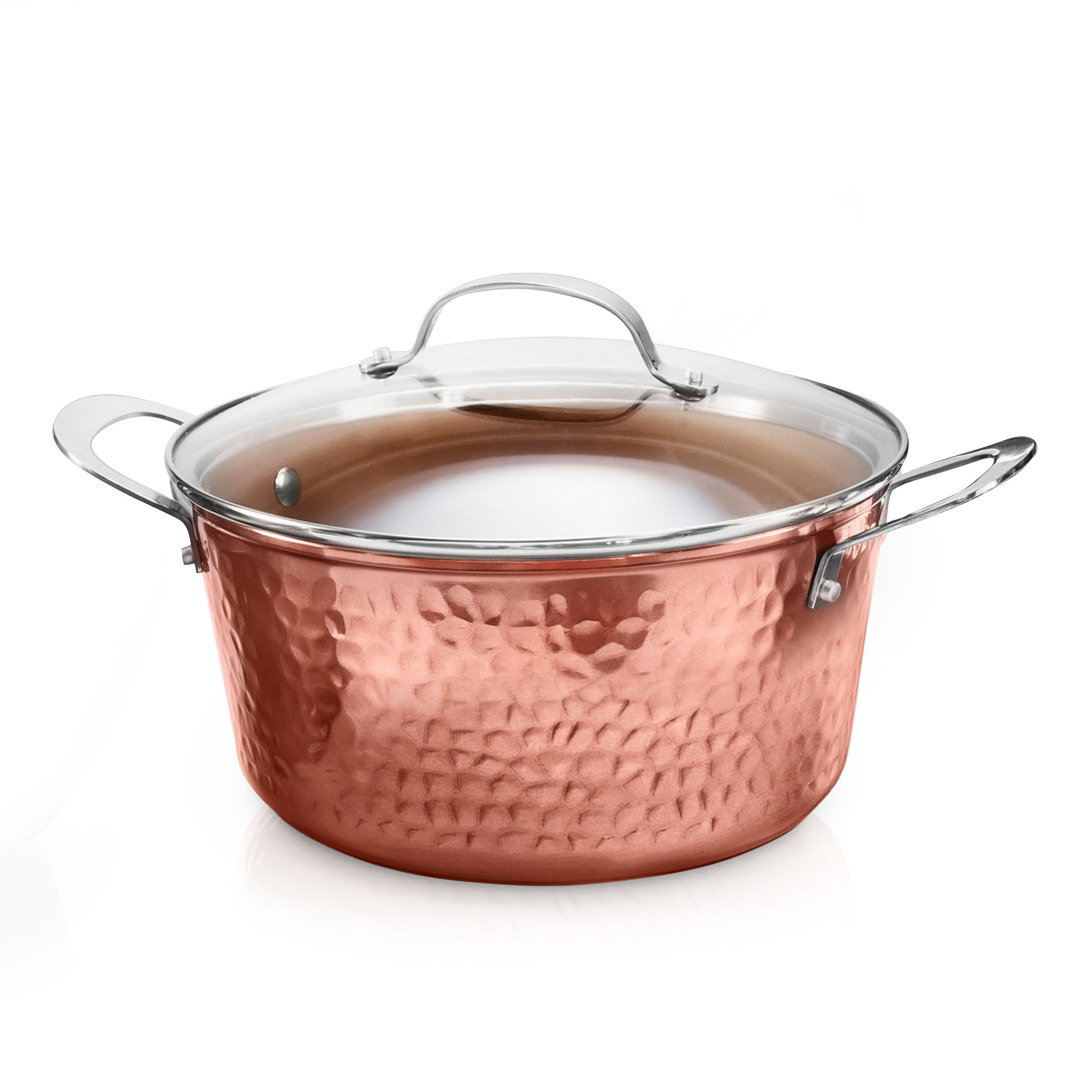 copper colored pot with glass lid