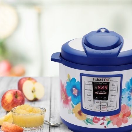 floral instant pot with blue accents 