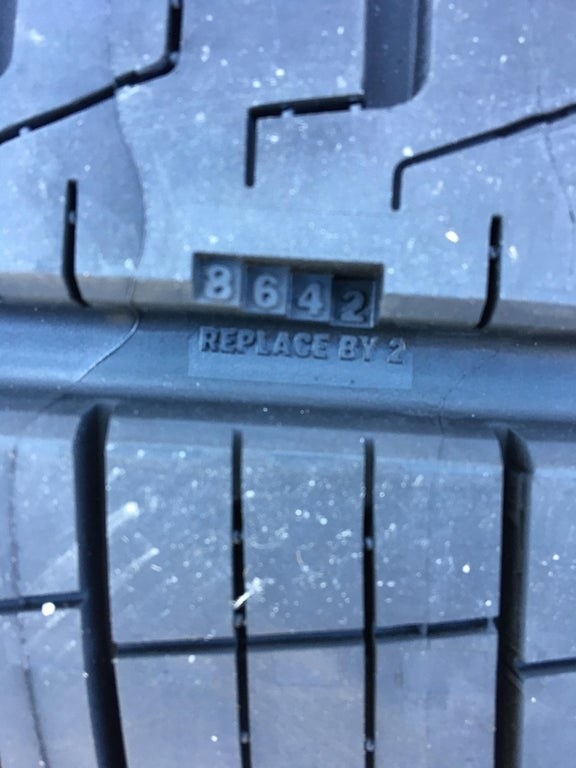 A rubber tire with number levels marked to match the wear of the tire over time