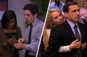On the left, Kelly and Ryan from "The Office," and on the right, Holly and Michael from "The Office"