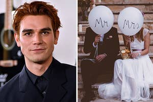 KJ Apa is on the left with Mr and Mrs. balloons on the right