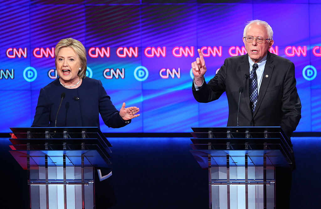 Photo of Hillary Clinton and Bernie Sanders at a debate