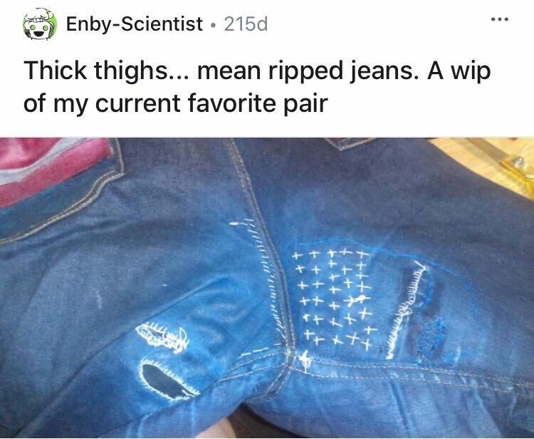 Jeans with stitches and patches on the inner thigh