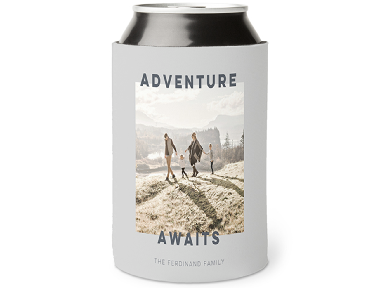 Can cooler with a photo of a family and text that says "Adventure Awaits"