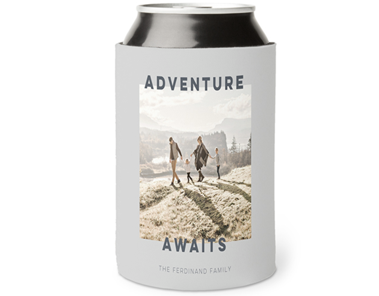 Can cooler with a photo of a family and text that says &quot;Adventure Awaits&quot;