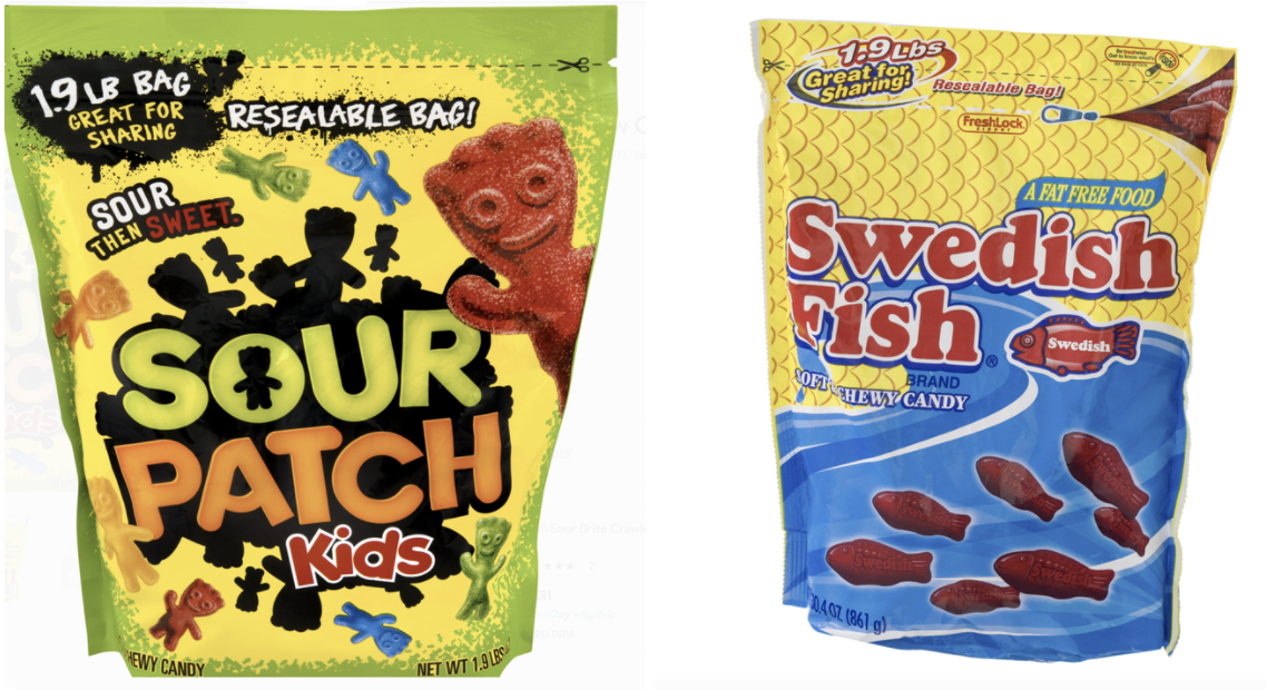A bag of Sour Patch Kids and a bag of Swedish Fish next to each other