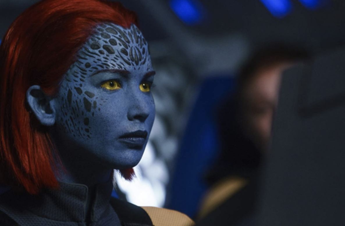 Jennifer Lawrence in blue face makeup and an obvious wig