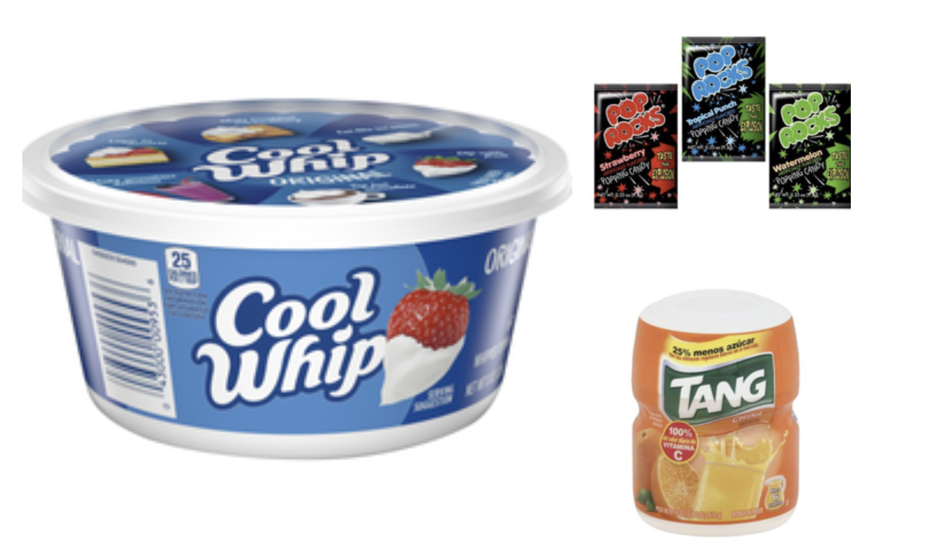 A tub of Cool Whip, a container of Tang, and packets of Pop Rocks all next to each other