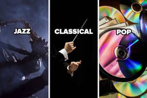 A collage of images: one with a saxophone player and the word "jazz" over it, one of a conductor with the word "classical" over it, and one with a stack of CDs with the word "pop" over it