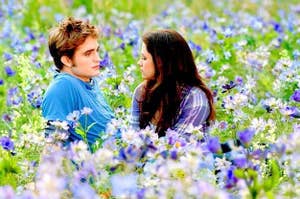 Edward and Bella from Twilight sitting in a meadow of flowers