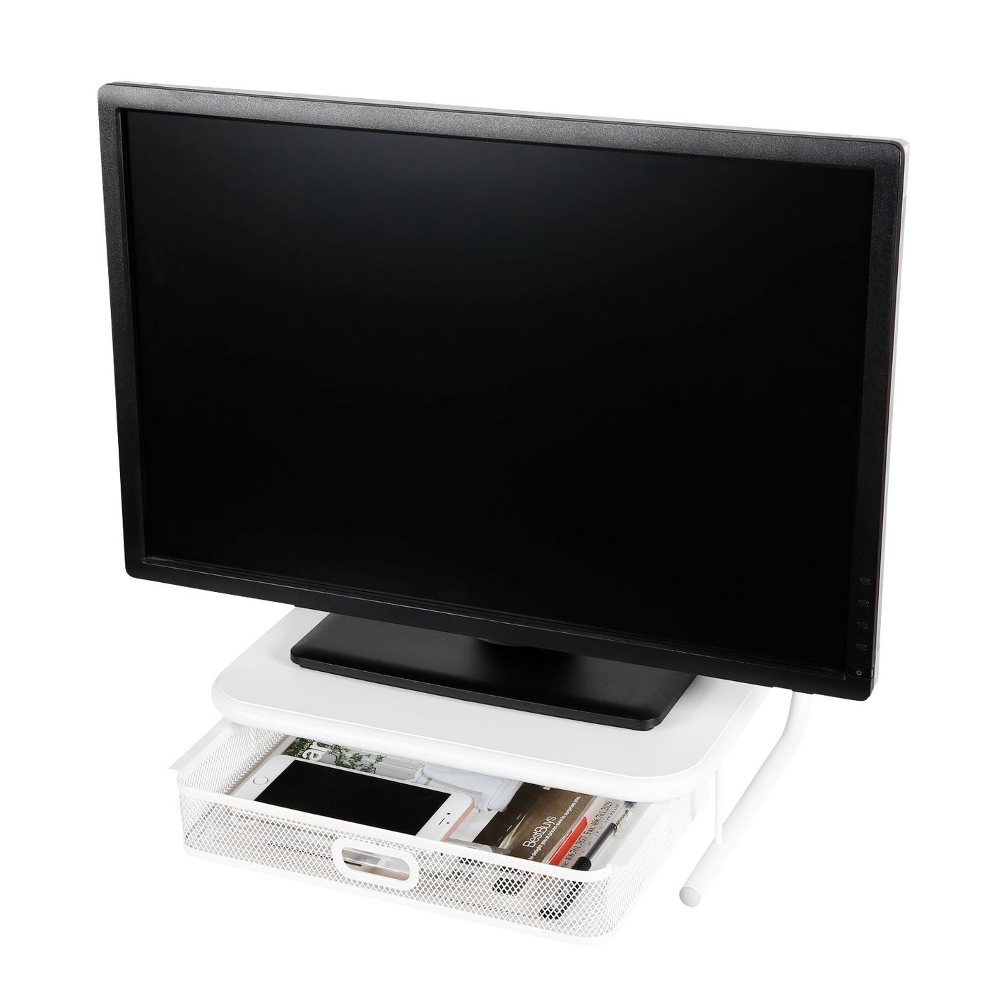 White monitor stand with storage drawers for smartphones and notebooks