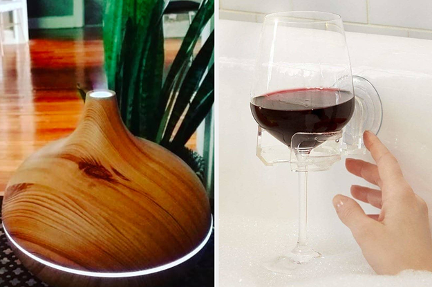 On the left, an aromatherapy diffuser, and on the right a shower drink holder