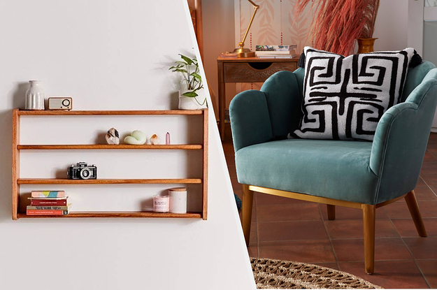 (left) Small wood wall shelf (right) Teal pedal accent chair