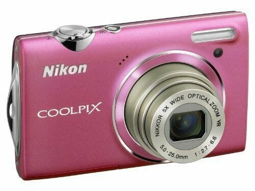 A hot pink Nikon Coolpix camera. 