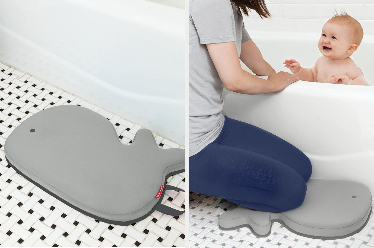 A dual image of a light gray whale on a bathroom floor next to a model kneeling on the whale while tending to a child in the tub