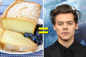 Plain pound cakes with a plate of blueberries on the left with an equal sign in the center and a portrait of Harry Styles on the right