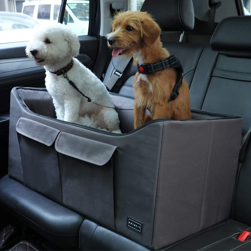 Two dogs sitting in the bed-like car seat