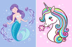 Two images of a mermaid and a unicorn