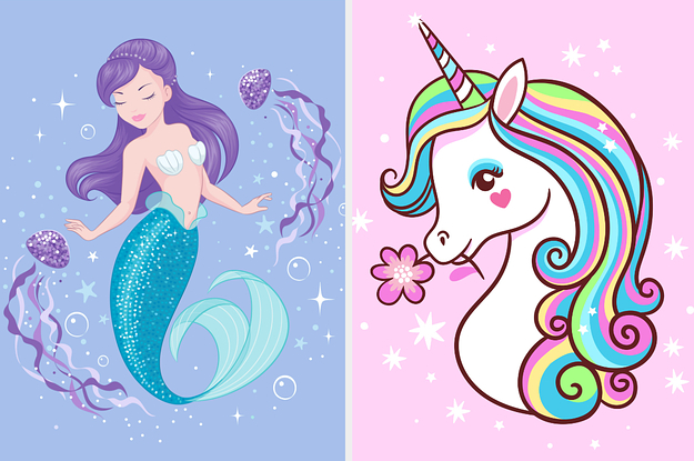 Two images of a mermaid and a unicorn