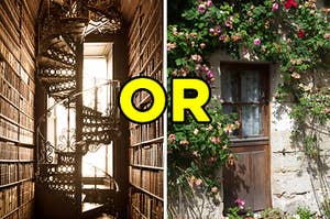 On the left, a library with an iron spiral staircase, and on the right, a door to a cottage with roses growing around it with "or" typed in between the two images