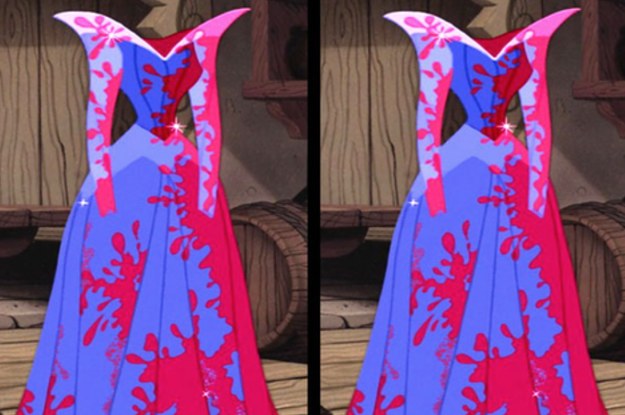 Aurora's blue and pink dress with splatters on it