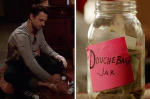 In one image Nick from New Girl applies foot lotion, and another image shows the douchebag jar with money in it